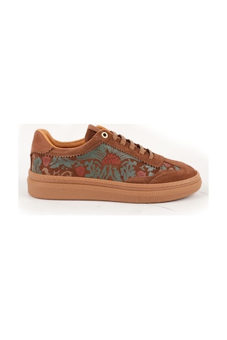 Mamma Mia Kadın Günlük Ayakkabı Hakiki Deri Süet Çiçek Desenli Goblen Kalın Taban Bağcıklı Sneaker 26y-700 Camel