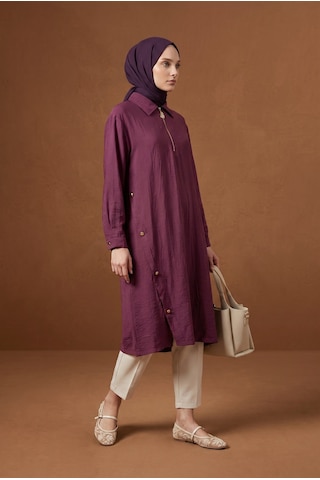 Armine Trend Fermuar Ve Yan Düğme Detaylı Yakalı Uzun Tunik 111 Cm Boy Vişne 26yt447