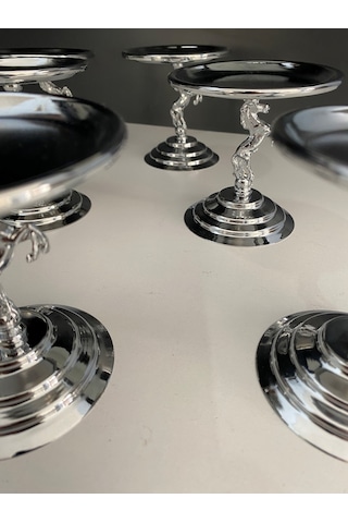 6'lı Gümüş Atlı Lokumluk, Çay Ve Kahve Yanı Sunumluk, Metal Şekerlik, Makaronluk Gümüş