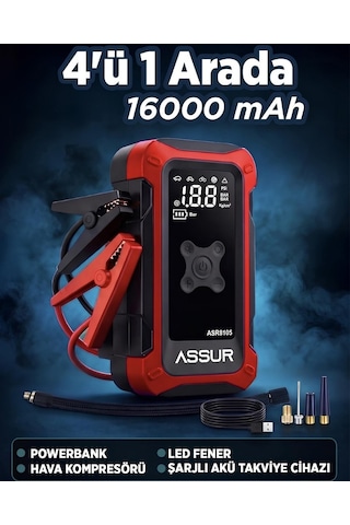 Assur Asr8107 16000mah 4ü1 Arada Akü Takviye Cihazı, Hava Kompresörü, Powerbank Ve Led Fener