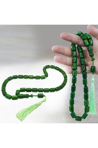 Tesbihane Çubuk Sıkma Kehribar Tesbih - Osmanlı Saray Püsküllü - Maxi Boy - Yeşil - Kapsül Kesim
