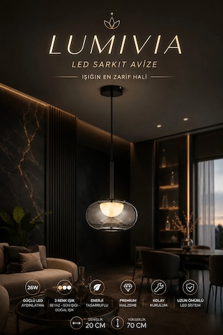 Modern Premium Tekli Füme Cam 3 Renkli Ledli Sarkıt Avizesi Salon Mutfak Şık Modelleri 26w Siyah
