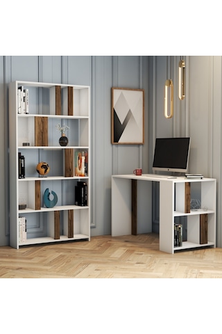 Variant Lima Çalışma Masası Ve Kitaplık Takımı - Beyaz / Ceviz Beyaz