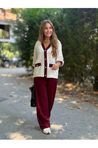 Femina Trendy Kadın Uzun Kollu Ribanali Cep Detay Hırka Ve Bol Paça Pantolon Ikili Takım Koyu Bordo