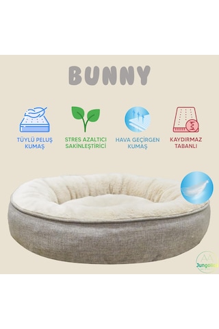 Bunny Kedi Ve Köpek Yatağı Bej 85x85x15 Cm Büyük, Donut Şekli, Yükseltilmiş Kenar, Ultra Yumuşak Peluş, Gergin