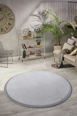 Comfort Oval Overloklu Peluş Halı Gri Gri Düz Saçaklı Daire