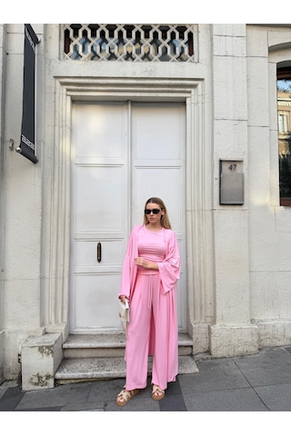 Bonacosa Kadın Viskon 3 Lü Takım Kimono + Beli Lastikli Salaş Pantolon + Sıfır Kol Kolsuz 8 Renk Pembe