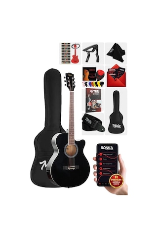Midex XC-200BK Kesik Kasa Siyah Akustik Gitar 4/4 Yetişkin Üst Segment (Gigbag Çanta Tuner Capo Askı Pena)