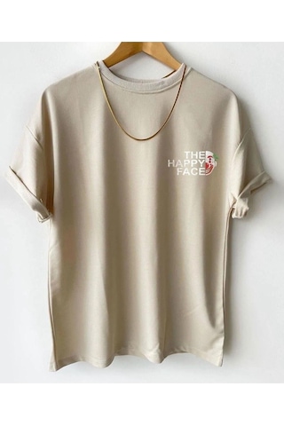 Hırsch Unisex Oversize Bej Bisiklet Yaka The Happy Face Baskılı T-shirt Bej