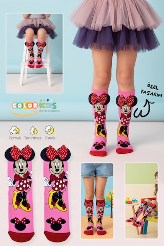Color Socks 1 Çift Özel Animasyon Karakterli Kurdele Dizaltı Çocuk Çorap Pembe