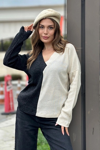 WeShaya Kadın Antrasit & Vizon Günlük Stil V Yaka Bloklu Uzun Kol Kazak Bluz Sweatshirt Antrasit