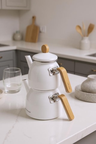 Sultan - Bambu Kulplu Çaydanlık Takımı Beyaz Beyaz