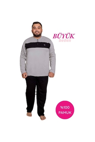 Erkek Büyük Battal Beden Desenli 3 Düğmeli %100 Pamuk Mevsimlik Uzun Kol Cepli Pijama Takımı Taş