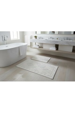 Banyo Pamuk Paspas Seti, Kaymaz Taban, Şık Ve Dayanıklı 60x100 / 60x50 Ölçülerinde Kilim Bukle Set Krem - Gri