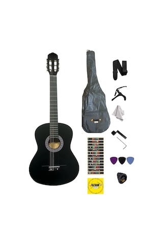 4/4 Tamboy 12 Yaş Üzeri Klasik Gitar Seti Kılıf-pena-çevirgeç-askı-nota Sticker-pena Şarjörü Siyah