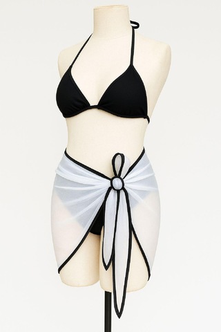 Moda Dua Kadın Siyah Beyaz Pareolu Yandan Ve Boyundan Bağlamalı 3'lü Bikini Takımı