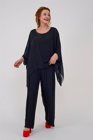 Bohem Stil İtalyan Yarasa Kol İpek Bluz & Pantolon Takım-8767 Antrasit
