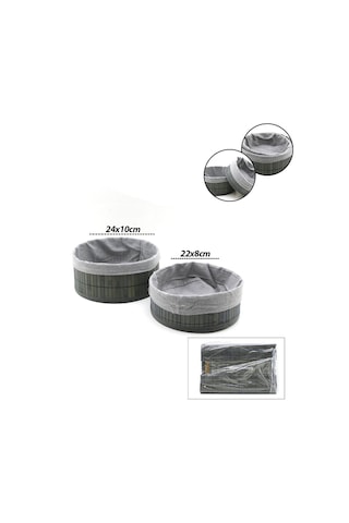 İbico İ22-333 Bambu Kenarlı Yuvarlak Organizer Sepet 2'li Set - Gri Bezli Ahşap Altlıklı