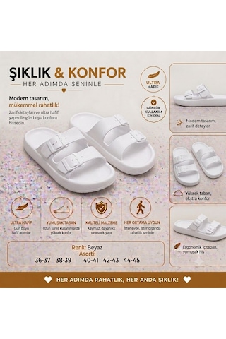 Kantex Kadın Unisex Çift Tokalı Kaydırmaz Rahat Taban Günlük Plaj Balkon Bahçe Teras Banyo Terliği Rcn909 Beyaz
