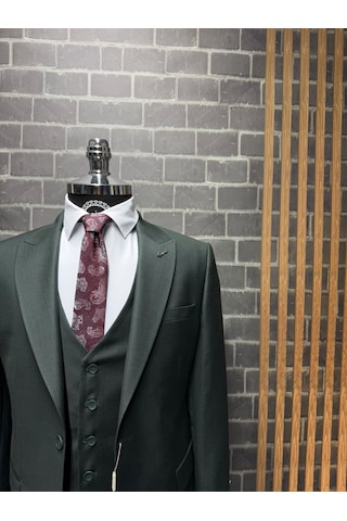 Dupont Classics Erkek Slim Fit 6 Drop Sivri Yaka Yelekli Filafil Çift Yırtmaç Takım Elbise Koyu Yeşil
