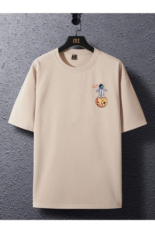 Flood Of Style Unisex Bej The Galaxy Gezegen Baskılı Oversize Bisiklet Yaka Tshirt