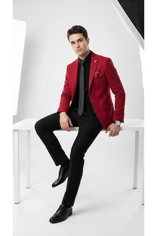 Plus Scorpion Erkek Kırmızı Armürlü Kumaş Blazer Ceket Tek Düğmeli, Mono Yaka, Çift Yırtmaçlı Slim Fit Kırmızı