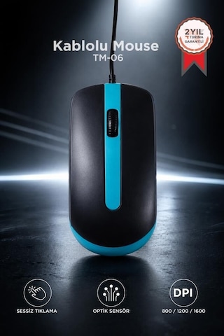 Aksesuar Bilgisayar Günlük Mouse Optik Sessiz Ve Ergonomik Tasarım Kablolu Fare Tm06 Mavi