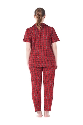 Estiva Kareli Desen Önden Düğmeli Bayan Pijama Takım Kırmızı