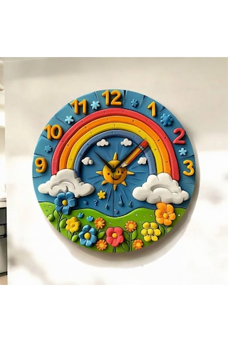 Renkli Baskı Güneş Doğa Çocuk Desenli Sayılı Hediyelik Ahşap Sessiz Duvar Saati 50cm ÇOk Renkli