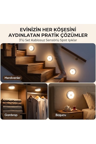 Günışığı Kablosuz Şarjlı Sensörlü Spot Işık 3'lü Set - Yapışkanlı Merdiven, Gardırop, Tezgah Altı Ve Başucu Aydınlatması