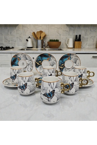 Sudedi Home Floral Renkli Yaldızlı 6 Kişilik Kahve Fincan Takımı Çok Renkli