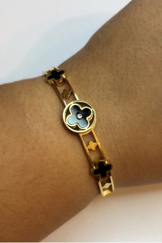 Kadın Siyah Yonca Model Çelik Bilezik Gold