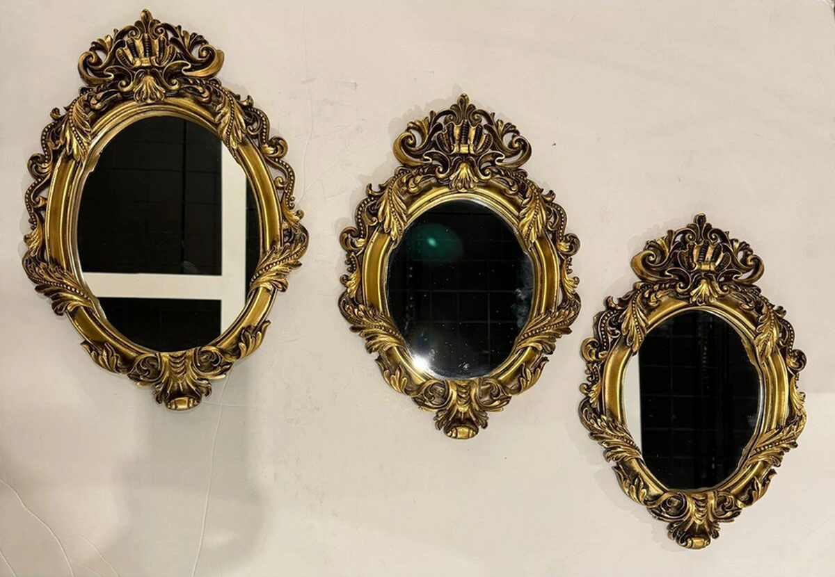 Dekoratif Polyester Üçlü Yaprak Ayna Takımı Gold Eskitme