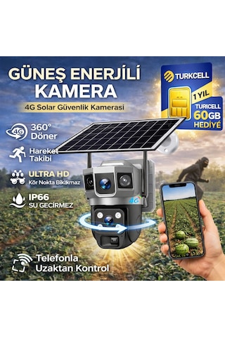 4g 1 Yıl 60 Gb Sım Kartlı Güneş Enerjili 3 Kameralı 360 Döner Güvenlik Kamerası Bahçe Arazi