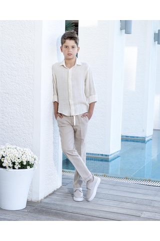 Erkek Çocuk Takım Elbise 3'lü Spor Takım Yelek-pantolon-gömlek 3-14 Yaş Bej