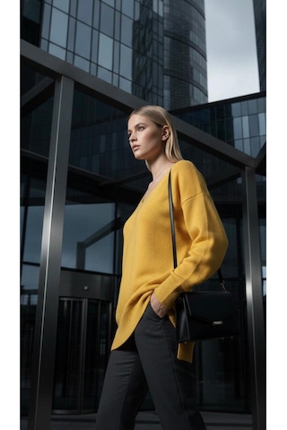 V Yaka Oversize Triko Tunik Sarı Sarı