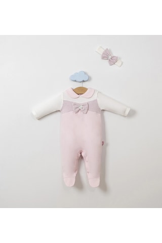 Lamato Baby Sim Kalpli Bandanalı Fiyonklu Bebe Kız Tulum Pembe
