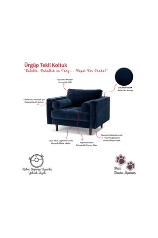 Ürgüp Tekli Koltuk Berjer 90 Cm Genişlik 90 Cm Derinlik Lacivert