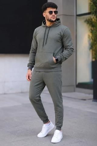Oada Erkek İki İplik Kapüşonlu Kanguru Cepli Sweatshirt Jogger Pantolon Alt Üst Eşofman Takımı - Haki