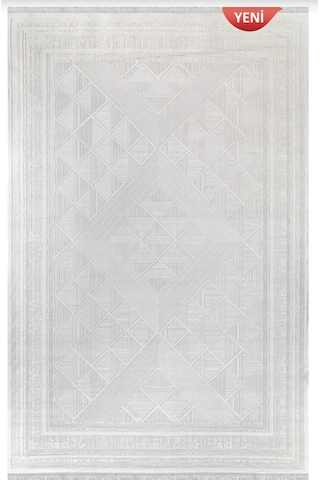 Modern Kabartmalı Halı Krem Geometrik Desenli Akrilik 8 Mm Hav Salon Yatak Odası Antre Halı