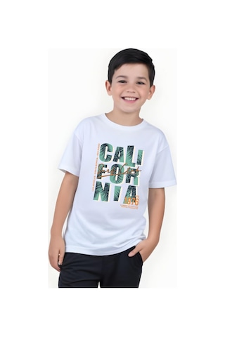 Panios Kids 1976 Cali Baskılı Erkek Çocuk Yuvarlak Yaka Kısa Kollu T-shirt Beyaz
