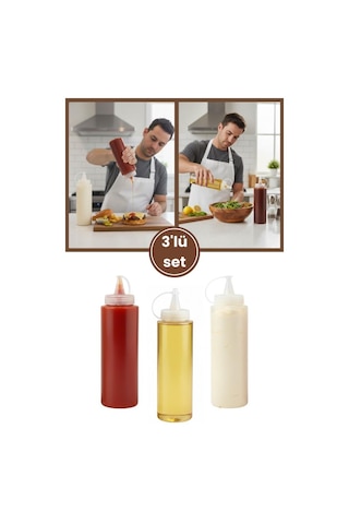 Kapaklı Sızdırmaz Şeffaf Yağdanlık Ve Sosluk 3 Lü Set, Yağ Ketçap Mayonez Şişesi 700 Ml 3 Adet Şefaf