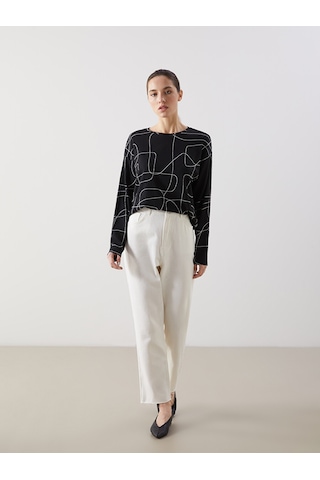 Lcwaıkıkı Classic Ekru Bisiklet Yaka Desenli Oversize Kadın Tişört