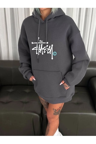 Mbb E-ticaret Kadın Oversize Kapüşonlu Cepli Baskılı 3 İplik Pamuklu Hoodie Sweatshirt - Füme