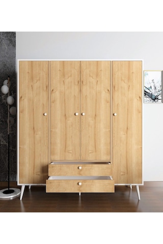 Floradesign Riva Elbise Dolabı 4 Kapaklı Çekmeceli Dolap Gardırop /meşe / Beyaz Meşe -beyaz