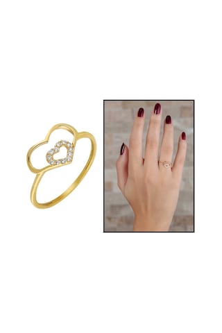 Zirkon Taşlı Iç Içe Kalp Tasarım Gold Renk 925 Ayar Gümüş Bayan Y (499798339)