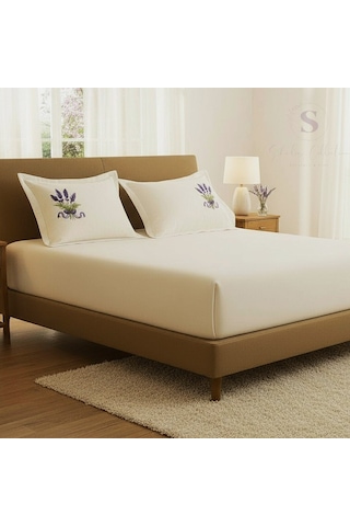 Shules Collection Buldan Keteni Lavanta Nakışlı Çift Kişilik Çarşaf+yastık Seti %100 Pamuk Bej