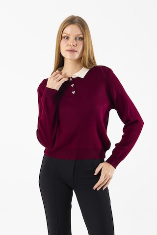 Giysa Kadın Polo Yaka Düğme Detaylı Triko Kazak Bordo - 25k 2546 Bordo