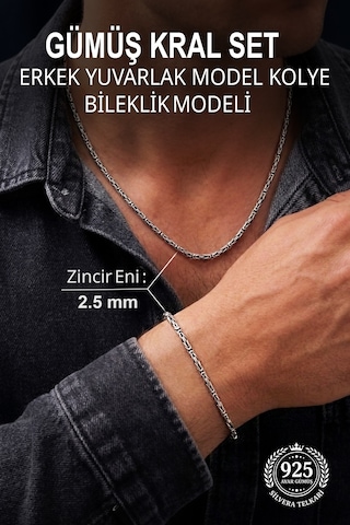 2.5 Mm Kral Yuvarlak 925 Ayar Gümüş Erkek Kolye Ve Bileklik Seti St424