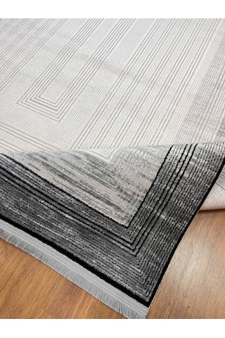 Modern Çerçeveli Siyah Beyaz Makina Halısı 160x230 Krem Gri